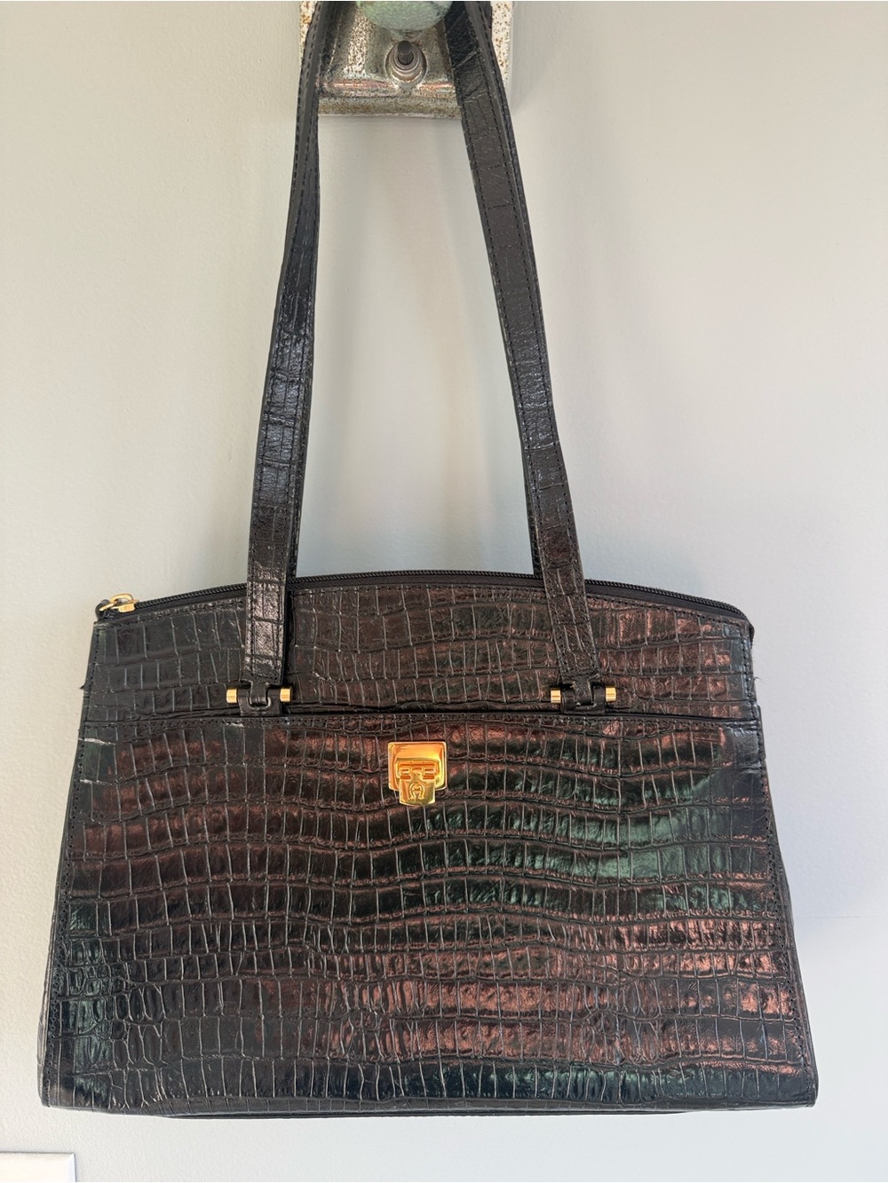 Etienne Aigner Black Croc-Embossed Shoulder Bag with Gold Hardware